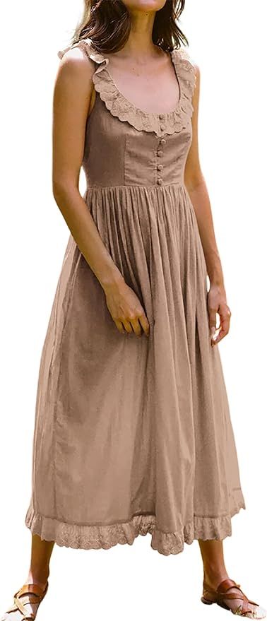 R.Vivimos Womens Summer Cotton Sleeveless Midi Dresses Vintage Lace Trim Button Up Tie Waist Casu... | Amazon (US)