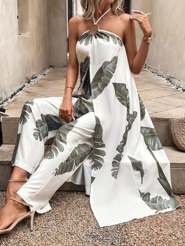 SHEIN VCAY Tropical Print Halter Top & Wide Leg Pants | SHEIN