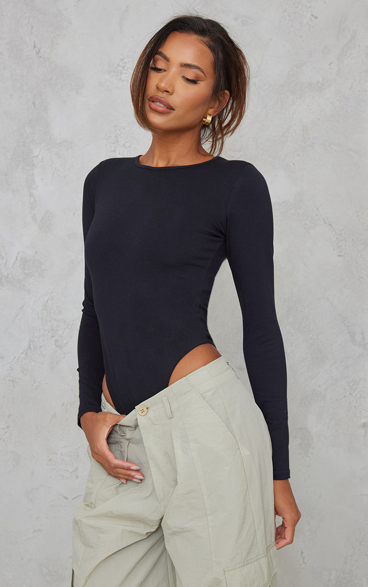 Basic Black Cotton Blend Crew Neck Bodysuit | PrettyLittleThing US