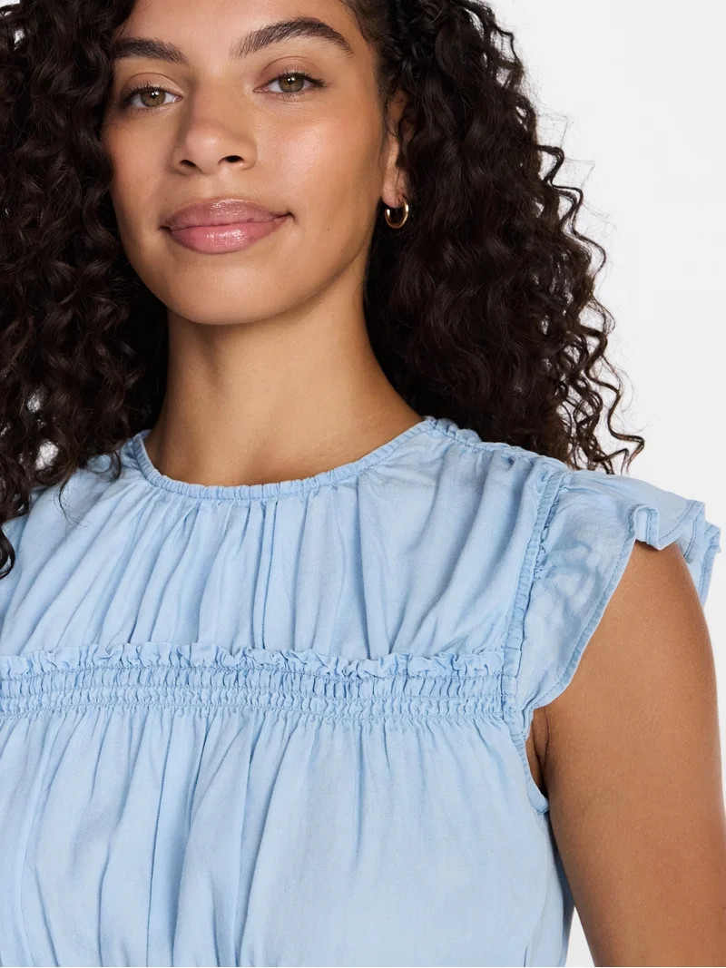 Time and Tru Women's Sleeveless Smocked Top with Ruffle Trim, Sizes XS-XXXL | Walmart (US)