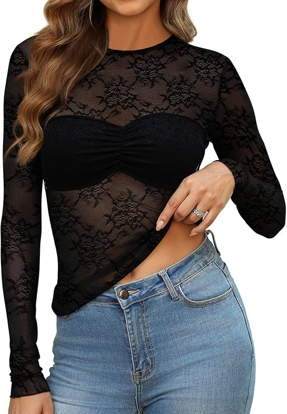 OFEEFAN Womens Mesh Tops Lace Long Sleeve Shirts Crewneck Slim Fitted Outfits See Through Blouses | Amazon (US)