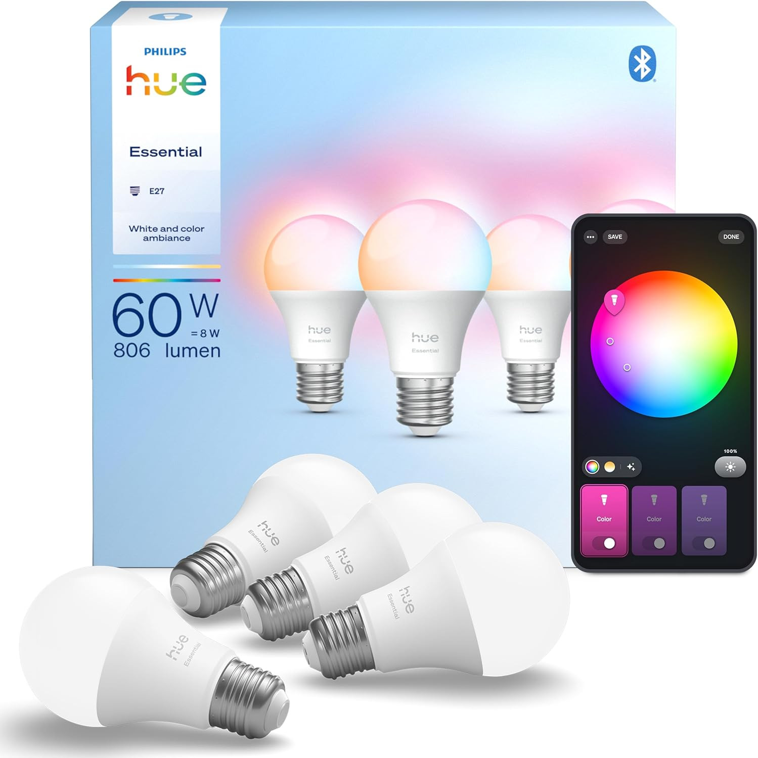 Philips Hue Essential Smart LED A60 Bulb, White and Color Ambiance, E27 Base, 8W, 2200K-6500K, 80... | Amazon (UK)