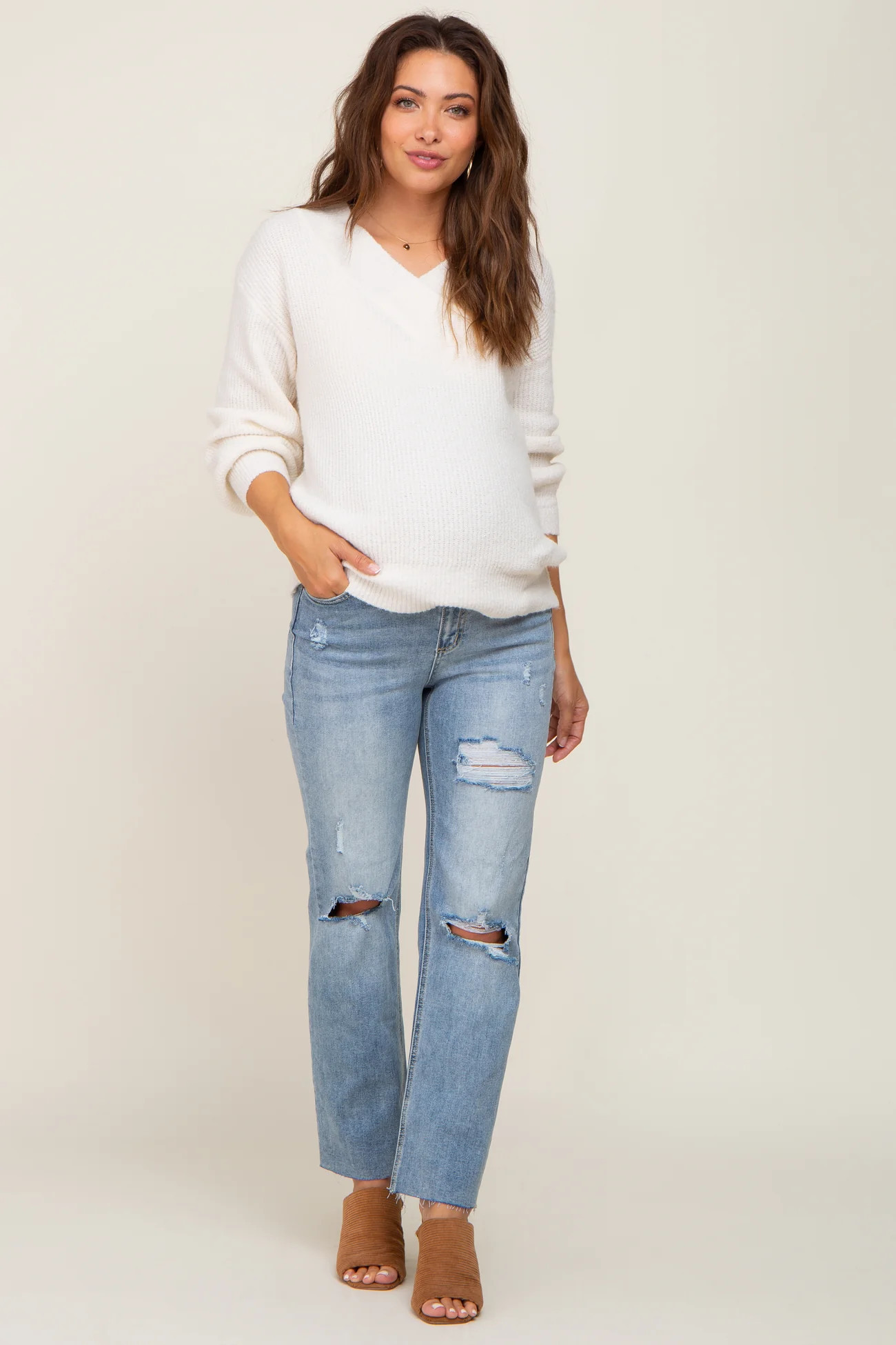 Light Blue Cropped Distressed Maternity Jeans | PinkBlush Maternity