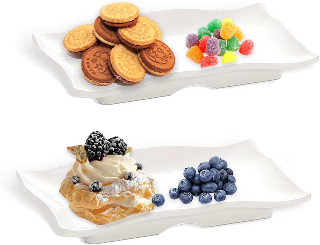 2-pack Creative 6"x4" Curvy Plastic Snack Plates – Modern Faux Porcelain Appetizer Trays for Ba... | Amazon (US)