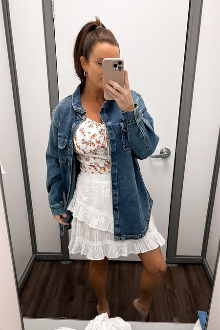 Coastal Cowgirl at WalMart ! Snap button oversized denim shacket & white ruffle skirt are adorable together. In a size small in skirt, Large shirt (could have done a M) and a 1X in the denim jacket 

#LTKstyletip #LTKunder50 #LTKFestival