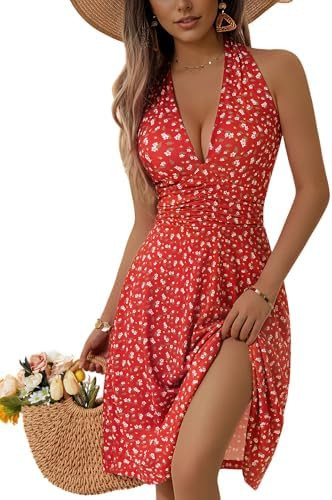 HUHOT Women's Summer Sundress Sleeveless Halter Neck Spring 2026 Floral with Pocket Elastic Waist... | Amazon (US)
