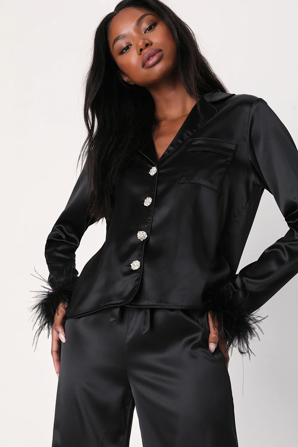 Dreamiest Delight Black Satin Feather Two-Piece Pajama Set | Lulus