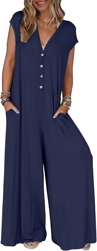 MEROKEETY Women's 2026 Summer Cap Sleeve Jumpsuits Dressy Casual Deep V Neck Button Onesie Wide L... | Amazon (US)