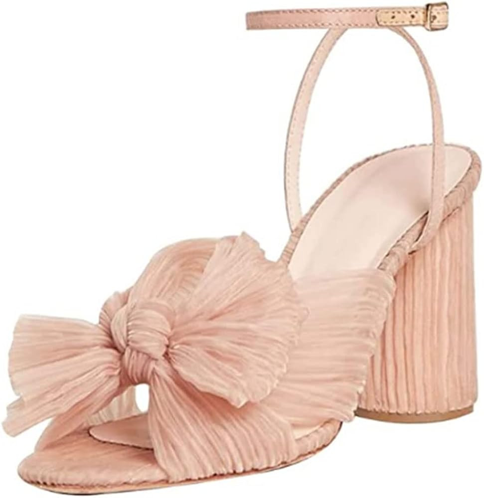 Vimisaoi Womens High Block Chunky Heel Sandals Fashion Open Toe Ankle Buckle Strap Pleated Bow He... | Amazon (US)