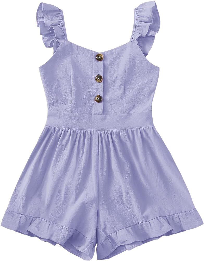 Valphsio Girls Solid Sling Jumpsuits Rompers Flutter Sleeve Button Shorts Overall | Amazon (US)