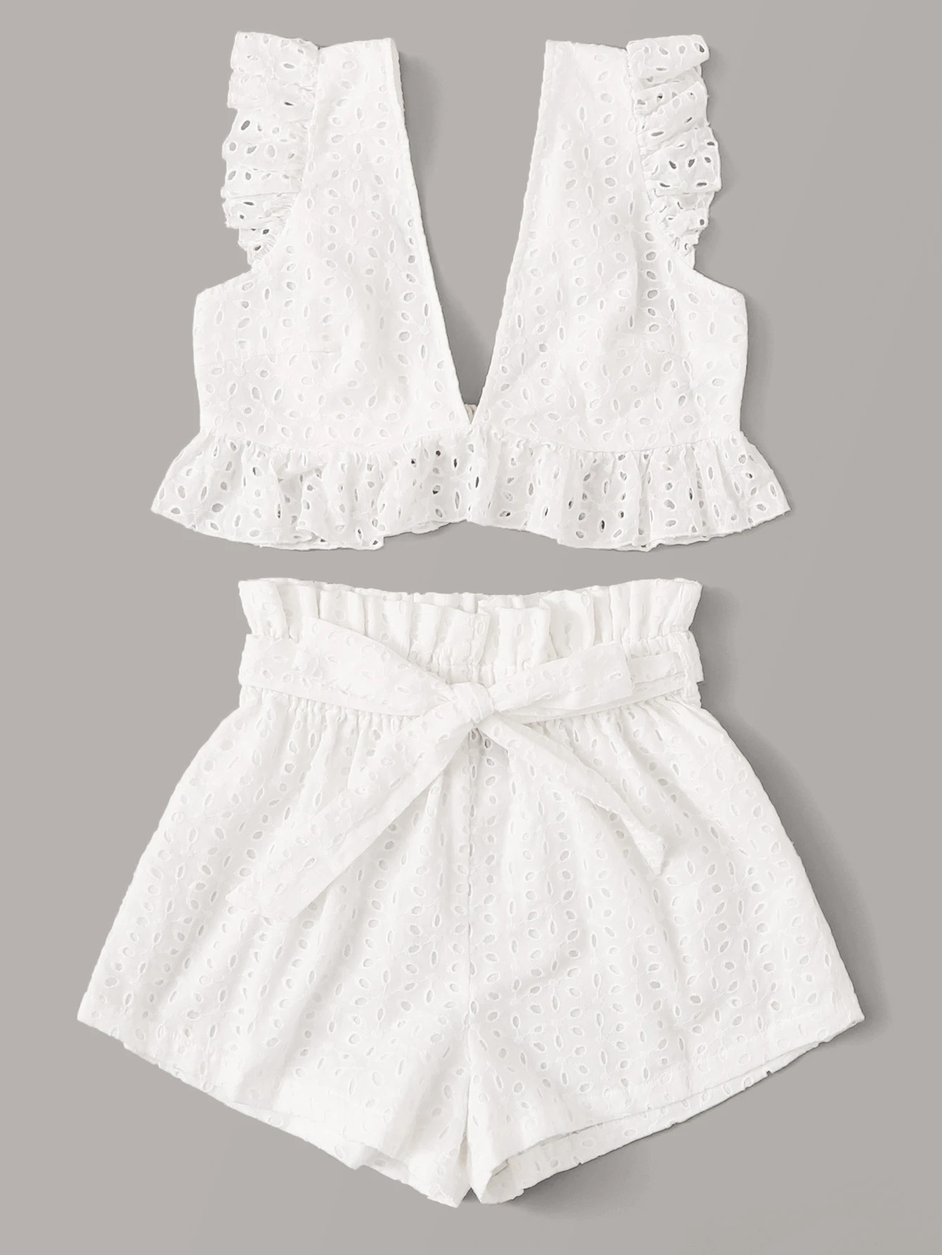 SHEIN Plunging Neck Tie Back Schiffy Top and Shorts Set | SHEIN