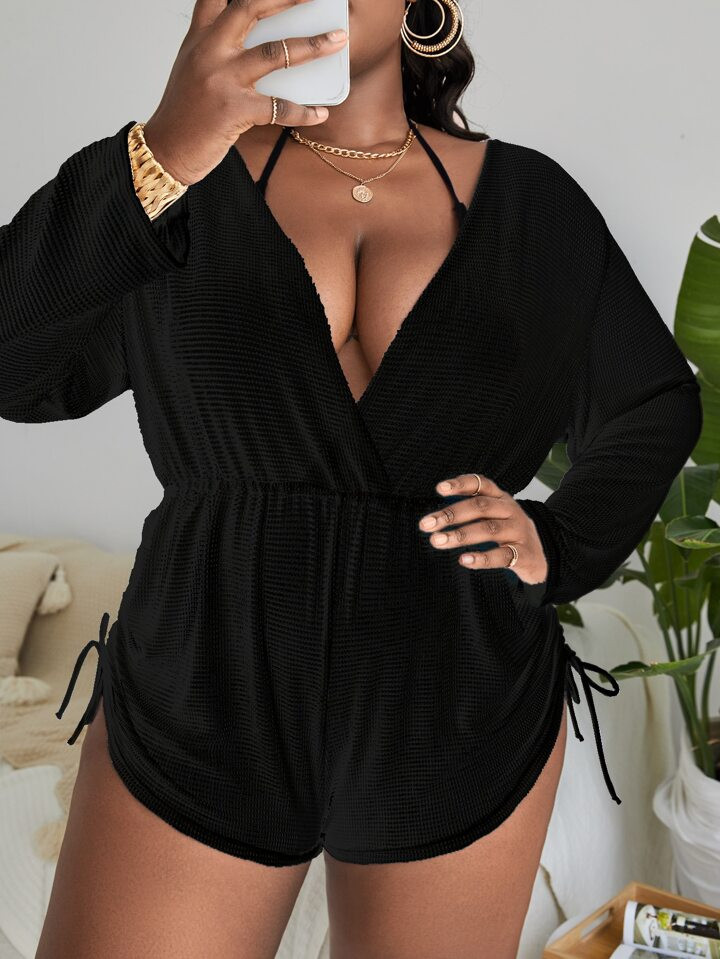 SHEIN Swim Curve Summer Beach Plus Drawstring Side Cover Up Romper Without Bikini | SHEIN