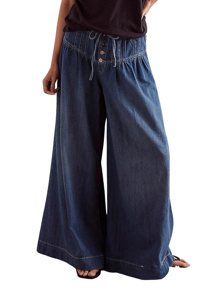 CHARTOU Women's Baggy Wide Leg Denim Pants Drawstring Midi Waisted Flare Jeans Ruffle Pleated But... | Amazon (US)
