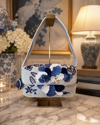 Viral Blue/White Beaded Sequin Floral Shoulder Bag w/ Charm | eBay | eBay US