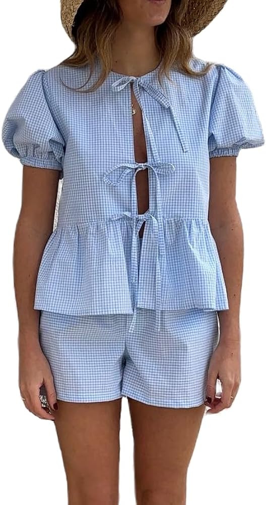 KOSUSANILL Y2k Pajamas Set Women 2 Piece Tie Front Plaid Gingham Short Sleeve Blouse Top Preppy S... | Amazon (US)