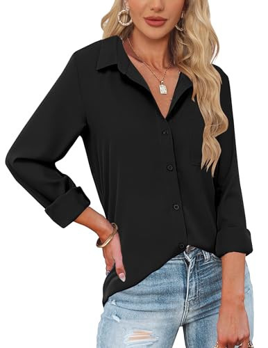 HOTOUCH Black Button Down Shirt Women Dress Shirts Long Sleeve Blouses V Neck Solid Casual Tunics Tops with Pocket XL | Amazon (US)
