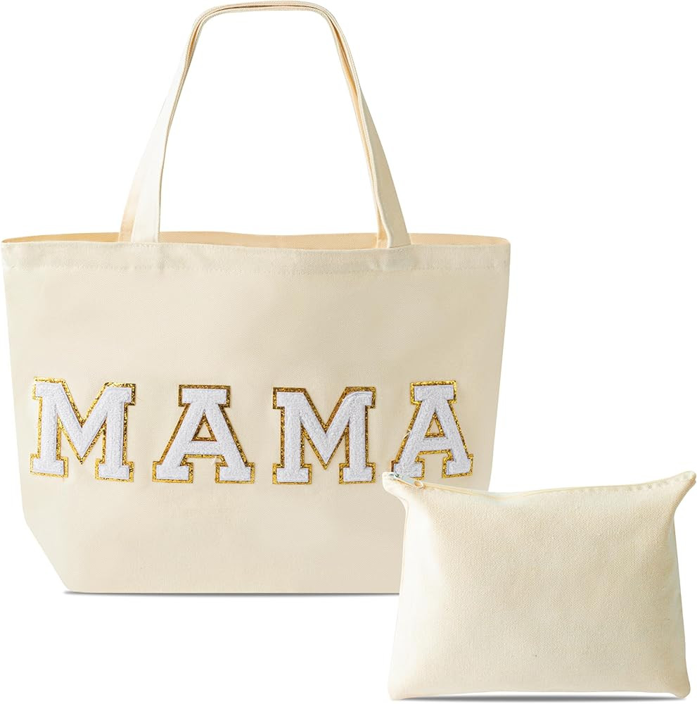 2Pcs Chenille Letter Patches Canvas Tote Bag with Zipper Pocket, Travel Handbag Zipper Pouch Gift... | Amazon (US)