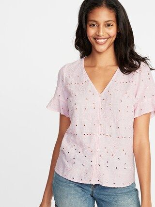 V-Neck Button-Front Cutwork Blouse for Women | Old Navy US