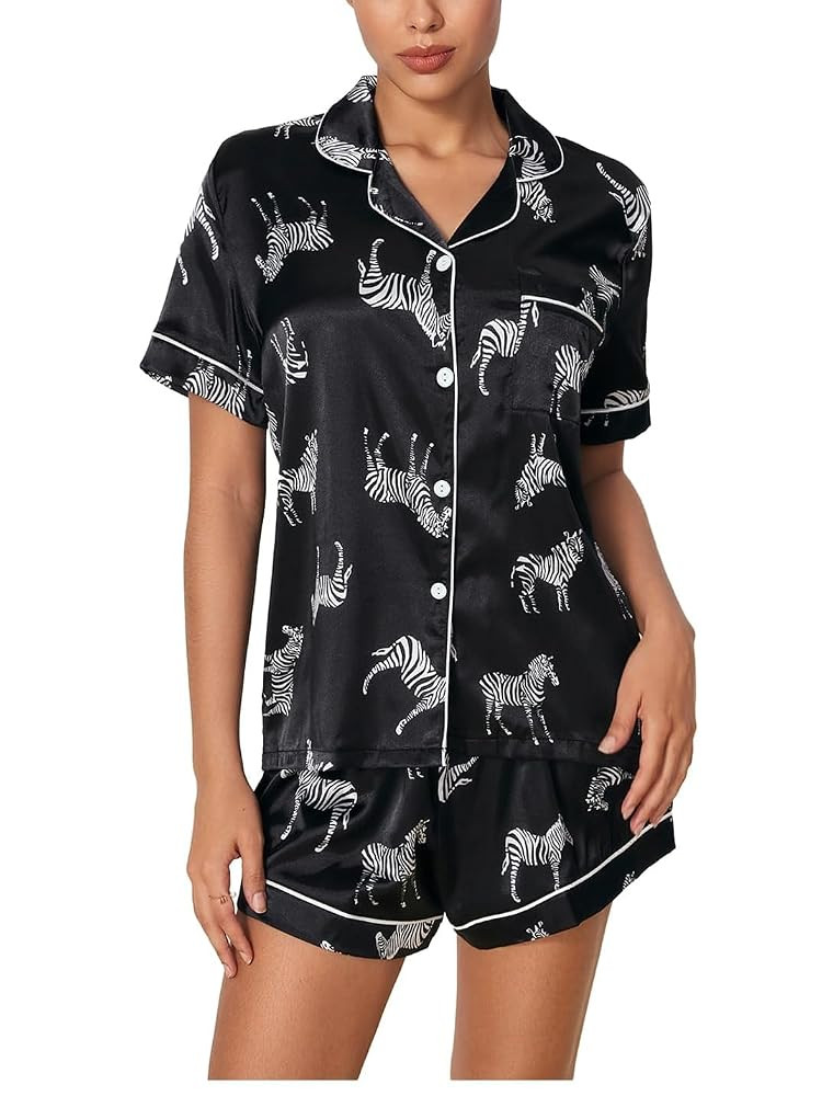 WDIRARA Women's Sleepwear Satin Short Sleeve Button Shirt and Shorts Pajama Set | Amazon (US)
