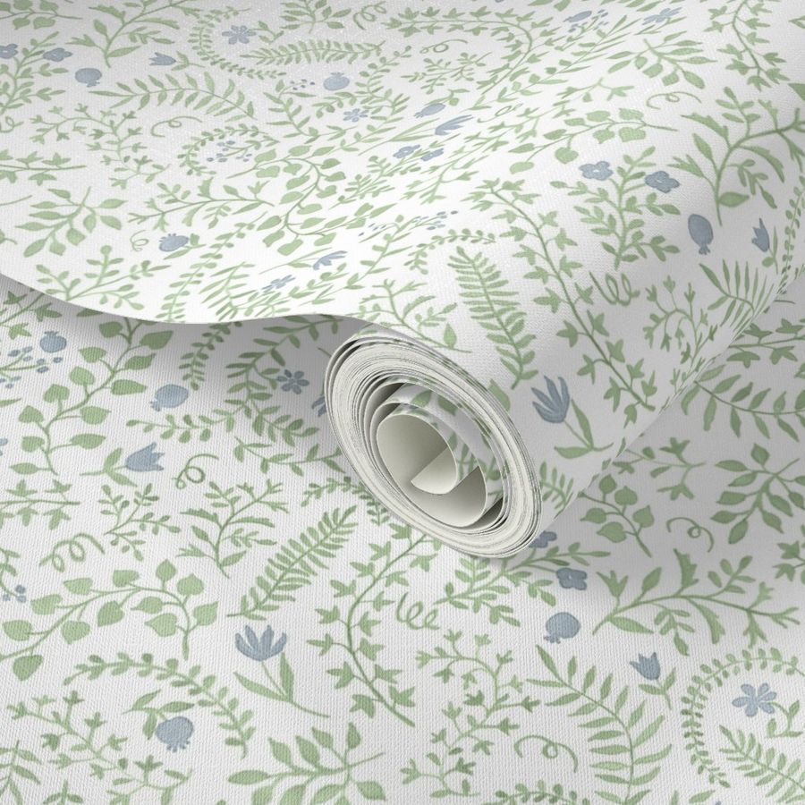 Veronica Soft Blue and Green on White | Spoonflower