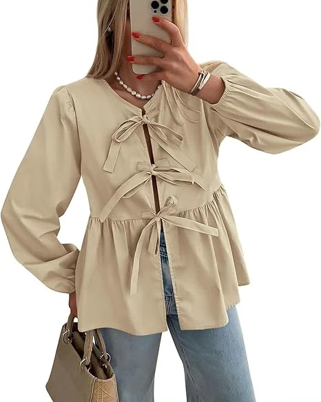 PRETTYGARDEN Women's Spring Fall Babydoll Peplum Blouse Shirt Puff Long Sleeve Bow Tie Front Tren... | Walmart (US)