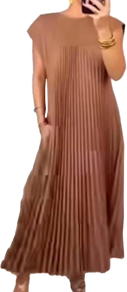 SEMATOMALA Women's Pleated Short Sleeve Maxi Dress Crewneck Loose Fit Flowy Swing Long Dress with... | Amazon (US)