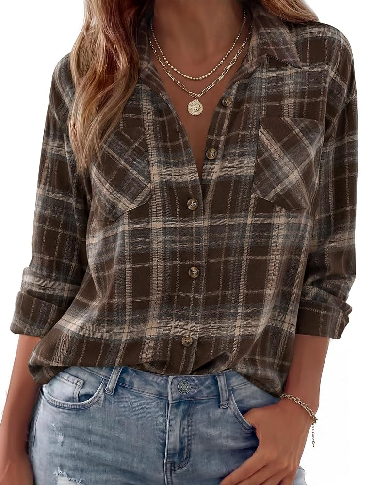 Zeagoo Womens Flannel Shirts Long Sleeve Button Down Casual Fall Plaid Top | Amazon (US)
