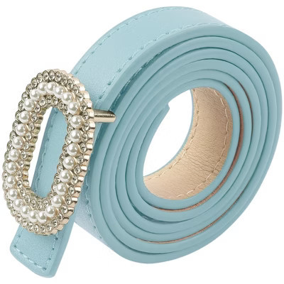 INSPIRE CHIC Women's Faux Leather Thin Belt Ladies Belt with Pearl Rhinestone Buckle for Jeans Pants Light Blue 103x1.8cm/40.6x0.7" | Target