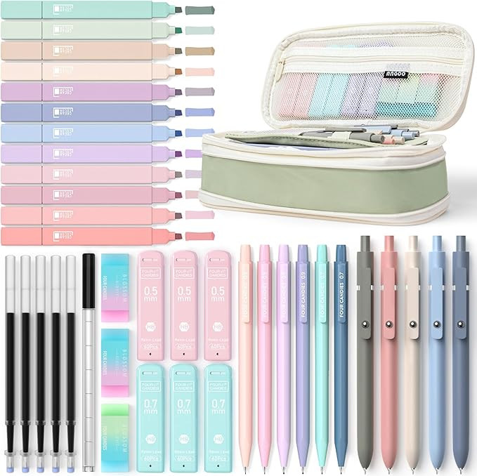 Four Candies 39 PCS Aesthetic School Supplies with Cute Pen Case, 12 Pastel Highlighters, 5 Black... | Amazon (US)