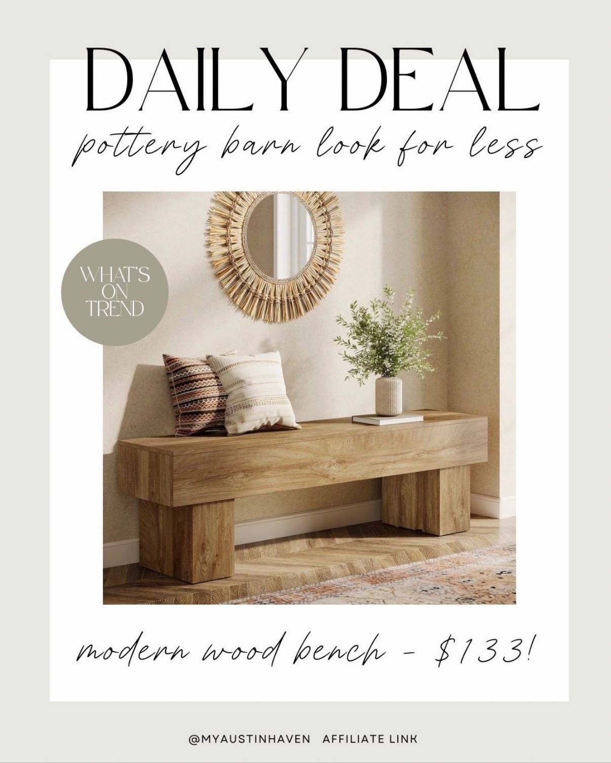 Daily Deal ✨ Look for Less

Currently trending + it’s only $133!

Love this bench for an entryway, dining space or even a bedroom!

Wood bench, wayfair deal, wayfair find

#LTKHome #LTKSaleAlert