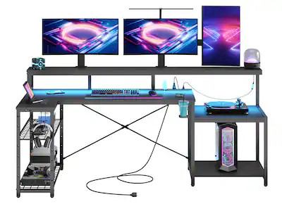 Bestier - L-Shaped Gaming Desk with Power Outlets, LED Lighting and Monitor Stand - Black | Best Buy U.S.
