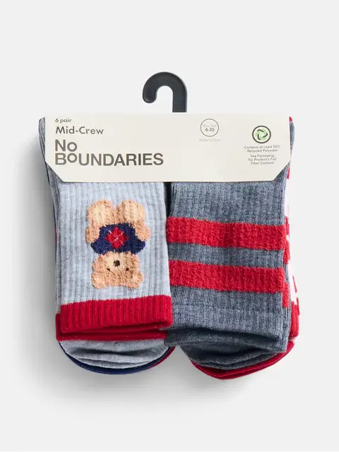 No Boundaries Women's Ribbed Mid Crew Socks, 6 Pack, Shoe Sizes 4-10