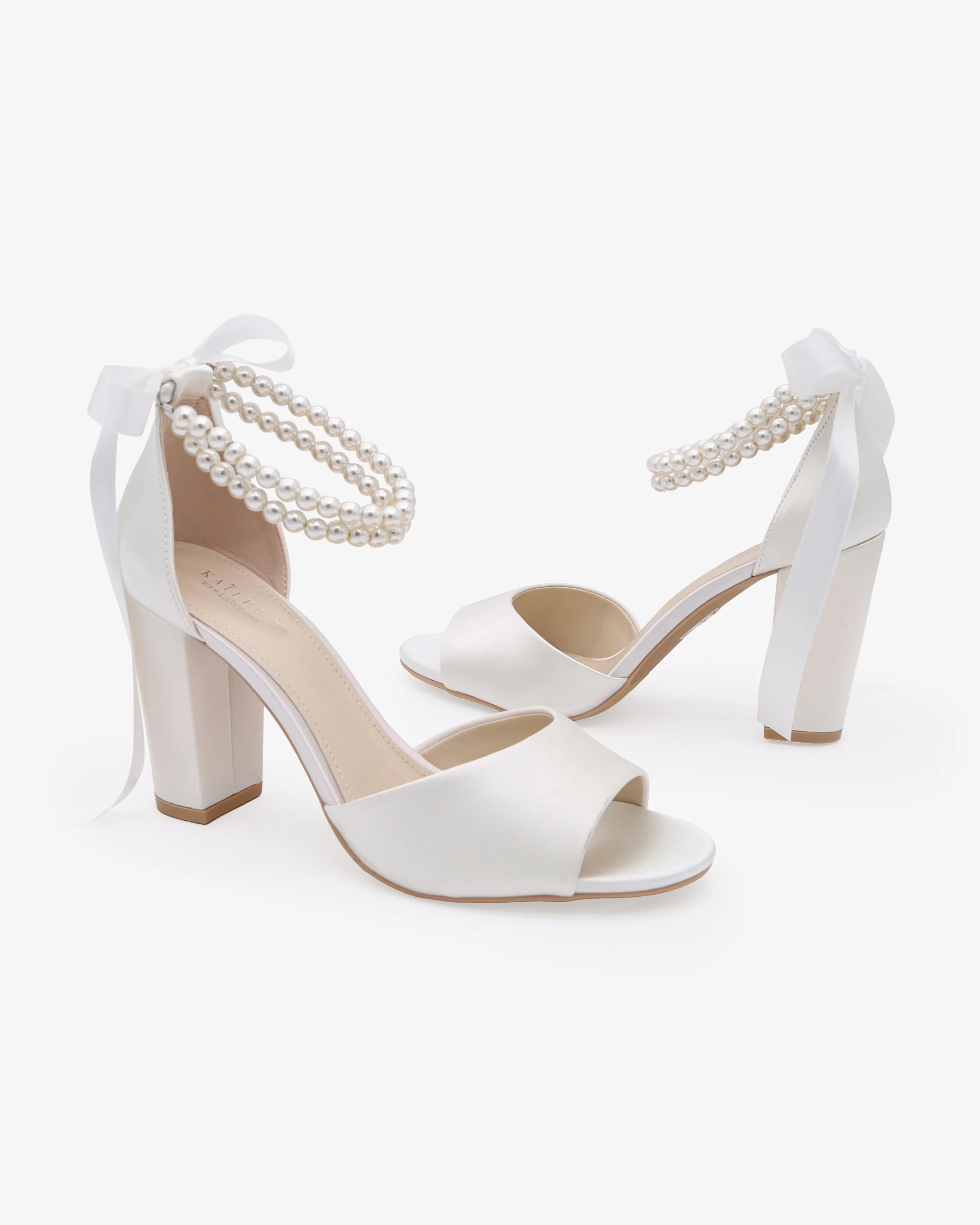 Satin Block Heel Wedding Sandals with Double Pearls Strap | Kailee P.
