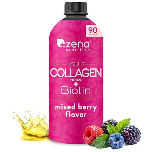 Zena Liquid Collagen Peptides for Women & Men + Biotin 5000mcg | Hydrolyzed Multi Verisol Collagen Peptides 2500mg | Sugar & Gluten Free Hair, Skin, Nail Supplement | Berry | 90 Servings, 30 FL Oz | Amazon (US)