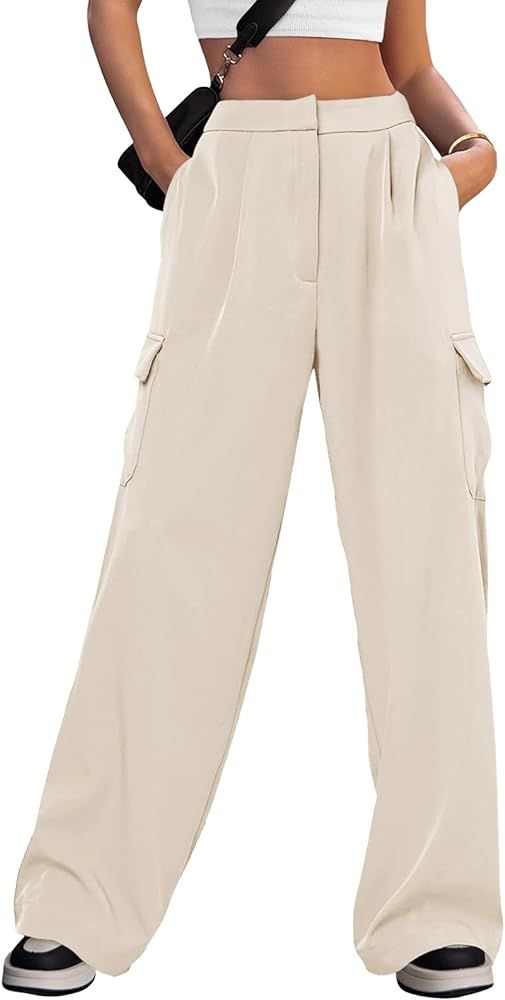MEROKEETY Women's Wide Leg High Waisted Cargo Pants Work Business Casual Straight Dress Pants wit... | Amazon (US)