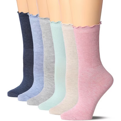 Tipi Toe Womens 6 Pairs Harmonious Neutral-Vibrance Crew Length Turn-Cuff Solid Lettuce Edge Lace Ruffle Socks | Target