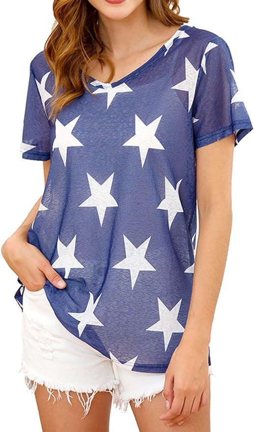 Haoohu Women's Star Hollow Out Mesh T-Shirt Tops Rave Festival Blouse | Amazon (US)