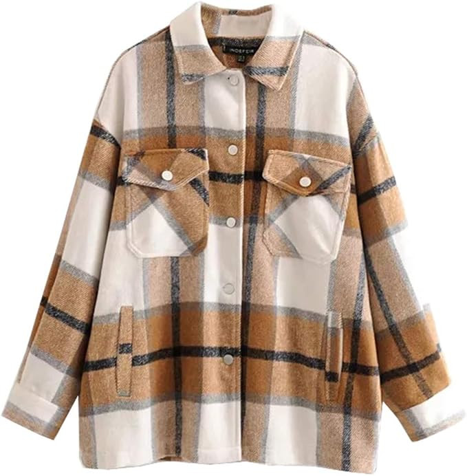 Women's Oversized Casual Plaid Wool Blend Button Down Long Sleeve Shacket Jacket | Amazon (US)