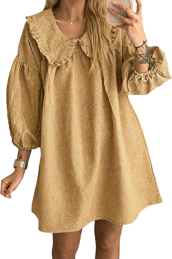 2026 Women's Babydoll 3/4 Puff Sleeve Plaid Mini Dress Lapel Doll Collar Loose Y2k Dress | Amazon (US)