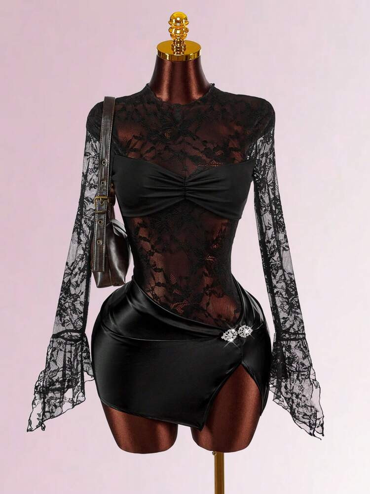 Amplova Women's Lace Long Sleeve Top With Metal Clasp Bust, Sexy & Avant-Garde, Suitable For Party, Banquet, Christmas Eve, Autumn/Winter,Party Dresses For Women,Party Dresses For Women,Christmas Party Dress | SHEIN