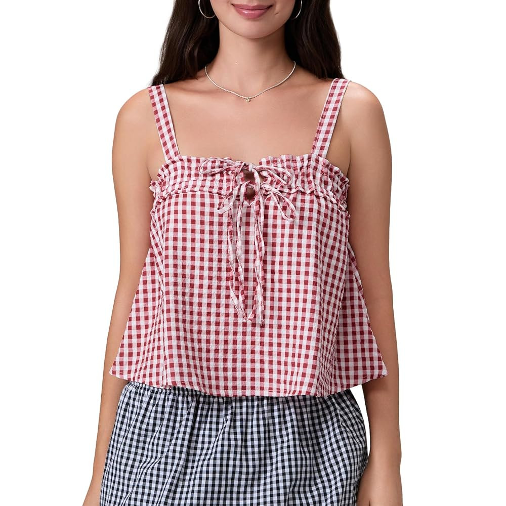 Women Gingham Top Tie Front Plaid Tank Top Y2k Sleeveless Babydoll Aesthetic Streetwear | Amazon (US)