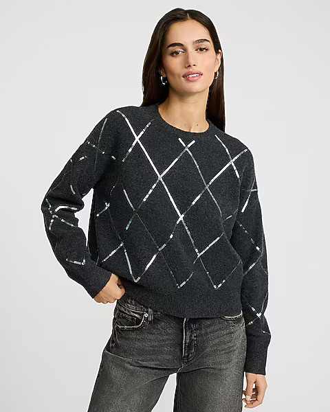 Sequin Argyle Crew Neck Sweater | Express
