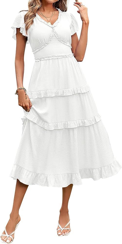 MEROKEETY Womens 2023 Summer Casual V Neck Flutter Sleeve High Waist Ruffle Tiered Midi Dress | Amazon (US)