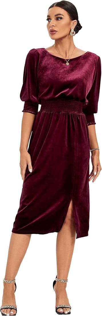 MAGIARTE 2022 Fall Winter Women's Velvet Prom Dress Boat Neck 3/4 Sleeves Formal Dress with Pockets  | Amazon (US)
