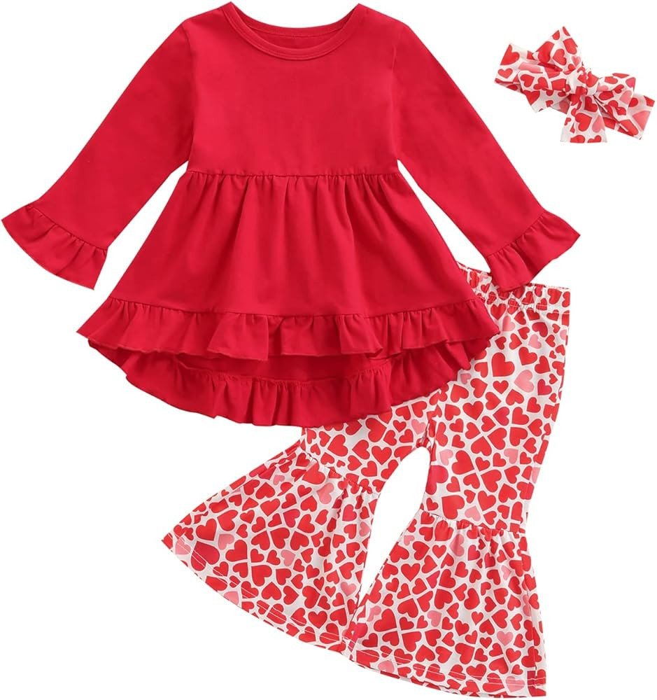 3Pcs Kids Toddler Baby Girl Valentine 's Day Outfits Red Long Sleeve Ruffle Shirt Heart Print Bell B | Amazon (US)