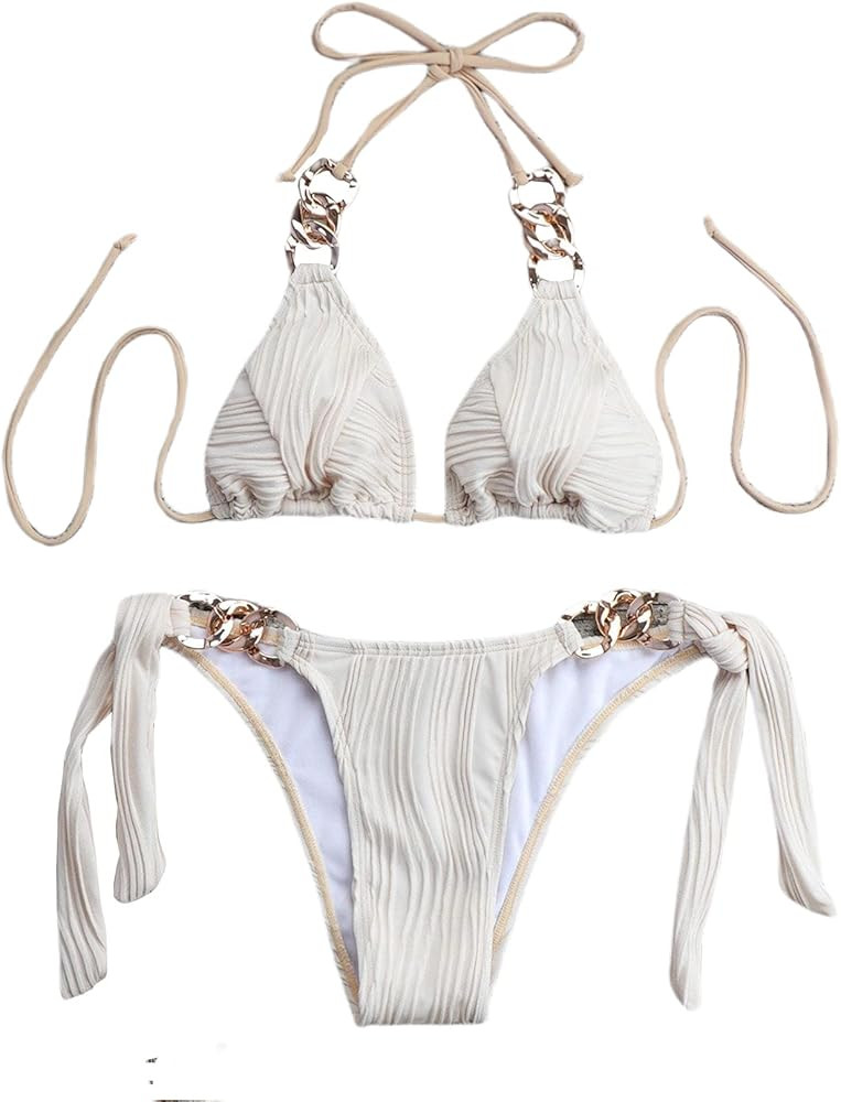 GORGLITTER Women's Thong Bikini Sets Chain Triangle Halter Top and Cheeky Tie Side Two Piece Swim... | Amazon (US)