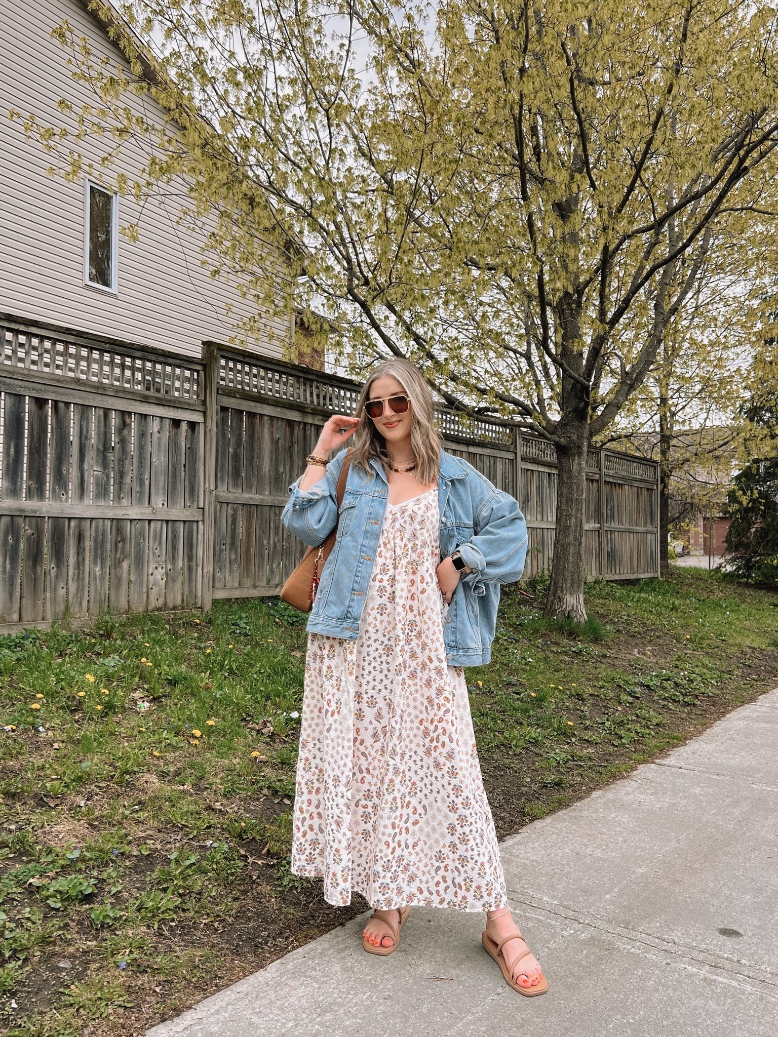 Casual spring outfit! Wearing my usual size L in the boho maxi dress, sized up to XL in the denim jacket for an oversized fit. My sandals are super comfy, I’m usually a 9.5-10 and wear a 10. Canadian Old Navy and Crocs links under “similar products”

#LTKmidsize #LTKsale #LTKsummer