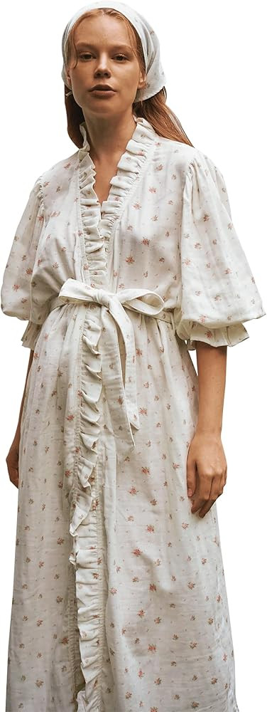 NOTHING FITS BUT Muslin Gauze Maternity Robe for Hospital, Nursing Nightgown Puffed Sleeves Cotto... | Amazon (US)