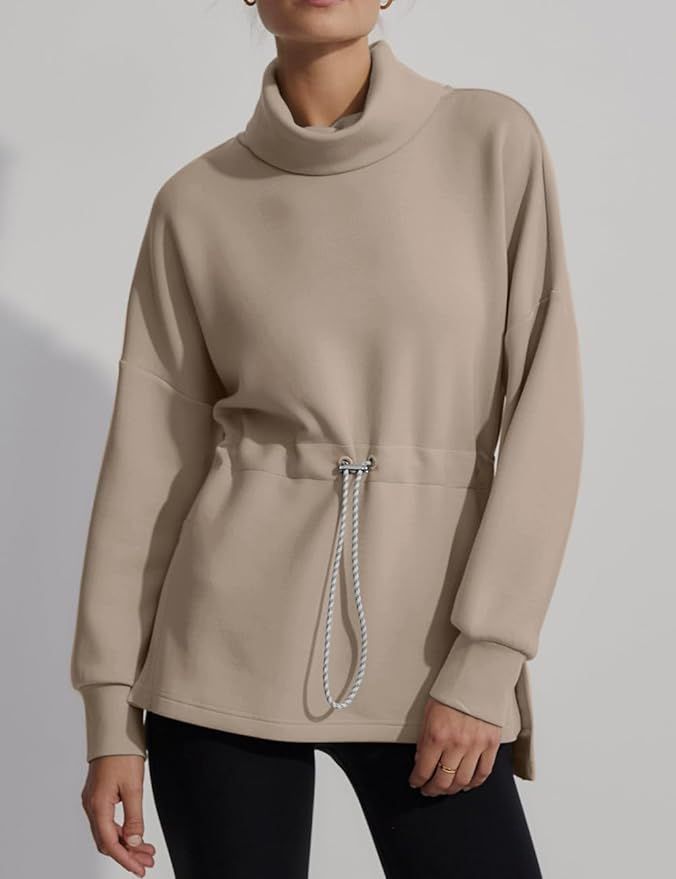FUPHINE Womens Turtleneck Sweatshirt Oversize Long Sleeve Pullover Tops Side Slit Soft Hoodie wit... | Amazon (US)