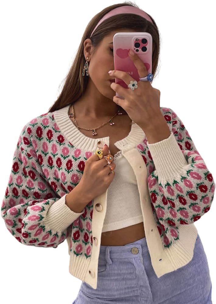 Women's Floral Button Down Ribbed Knit Crew Neck Cropped Cardigan Sweater | Amazon (US)
